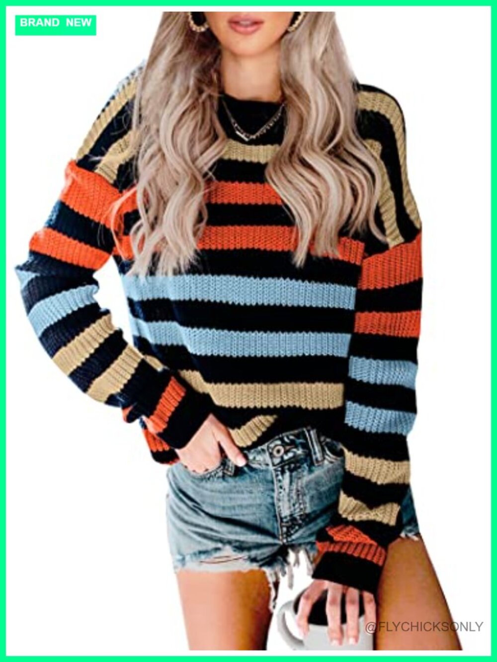 KIRUNDO Women's Striped Color Block Short Sweater Long Sleeve Crew Neck Casual